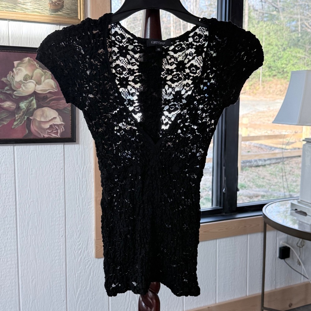 Karen Kane Lace V-Neck Top Womens XS Black Excellent‎ Cap Sleeve Floral Sheer